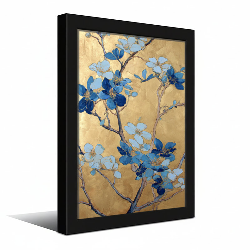 Plantes et fleurs fleurs bleues sur fond doré, H 36 po x l 24 po, Toile tendue, Ne s’applique pas