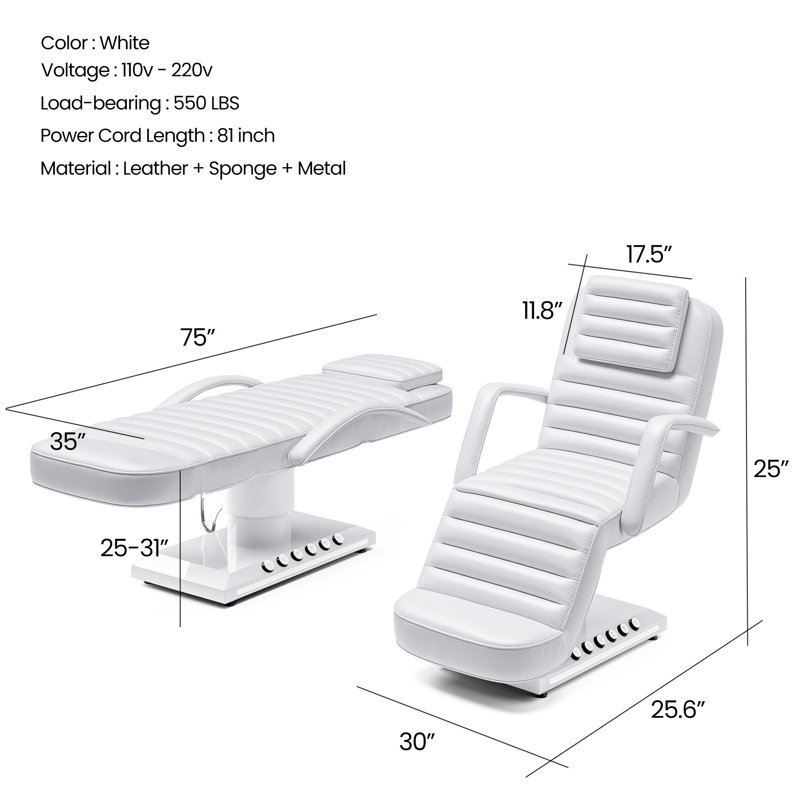 Lit de massage électrique à hauteur réglable, dossier et repose-jambes, table de massage professionnelle avec télécommande et commande au pied, boutons à DEL