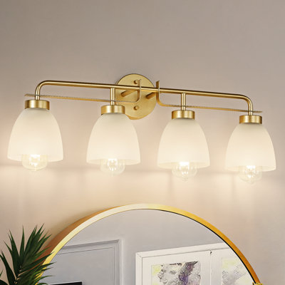 28" 4-Light Gold Vanity Light, Mid-Century Modern Bathroom Fixture with Frosted Glass