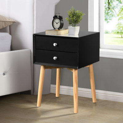 Table de chevet 2 tiroirs avec pieds en bois d'hévéa, rangement noir Mid-Century et armoire
