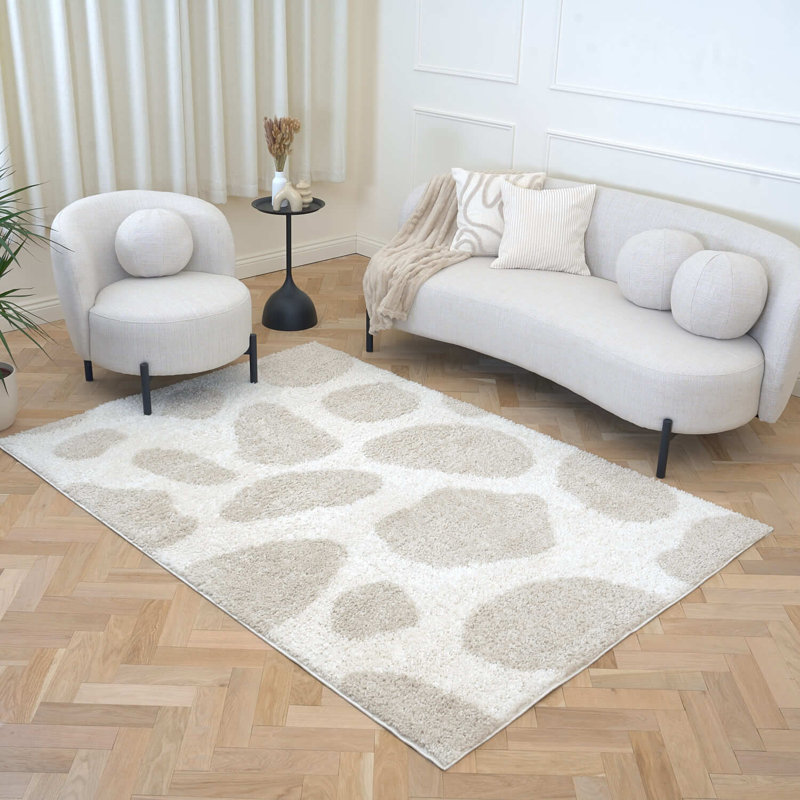 Moodi Modern Shaggy Area Rug Abstract Pebble Design, Off-White/Beige, Rectangle 200 x 290 cm