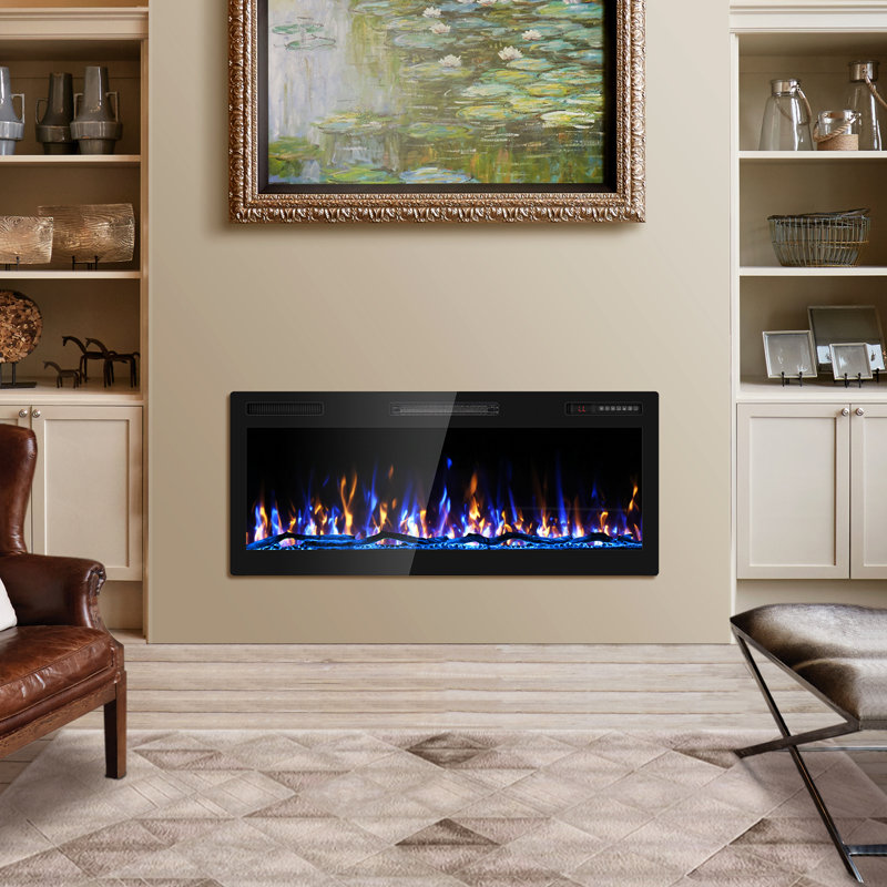 Recessed or Wall Mounted Electric Fireplace, Logs & Crystals, Remote Control,Remote Control, Timer, Dimmer, 12 Flame Colors, 750/1500W, Narrow Bezel