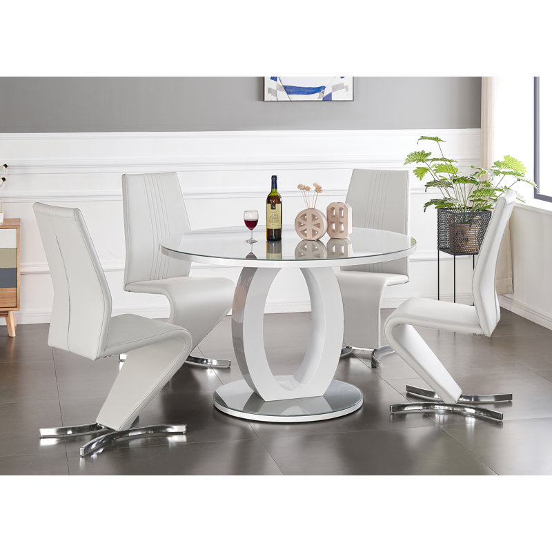 Scottsmoor 6 Seater High Gloss Round Dining Table Set with 6 Luxury Faux Leather Dining Chairs, White, Gray