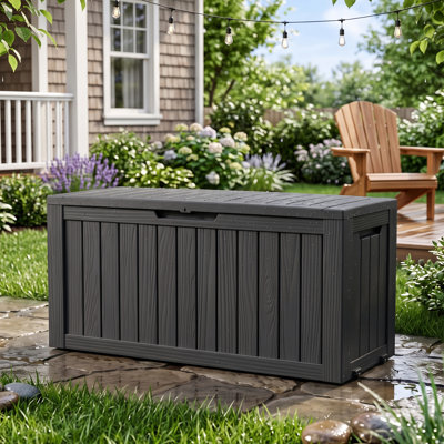Boîte de rangement extérieure 90 gallons avec siège, boîte de rangement en résine imperméable et verrouillable
