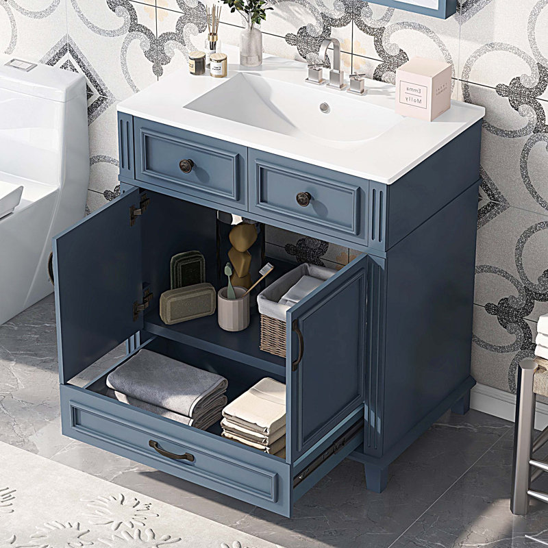 Bathroom Vanity with Ceramic Sink,Solid Wood Frame Bathroom Storage Cabinet with Soft Closing Doors, Black, Blue