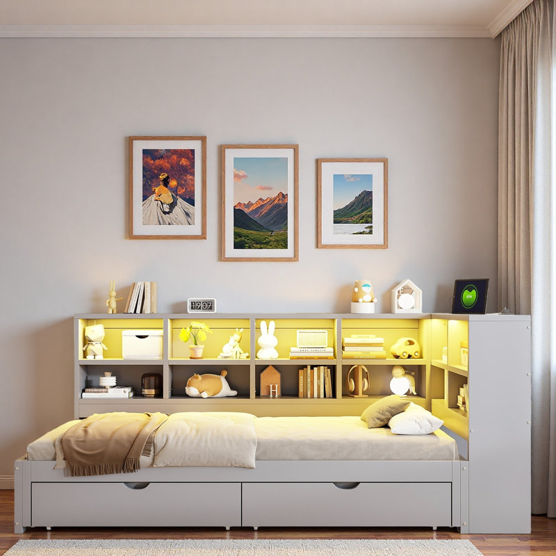 Lit de jour moderne avec 2 tiroirs de rangement, armoires de rangement, lumière DEL et ports USB, Gris