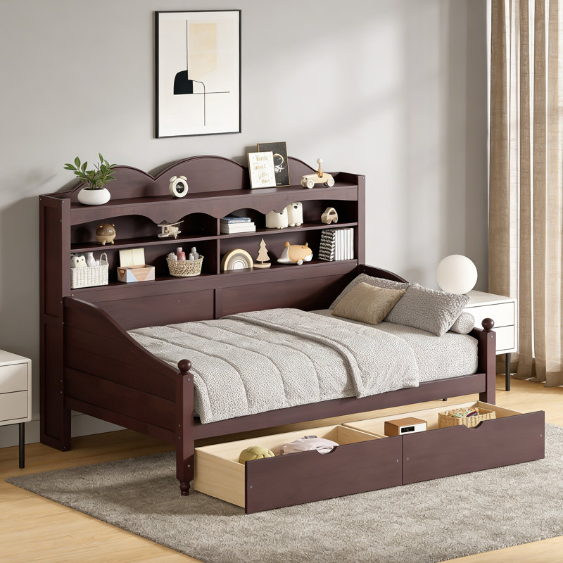 Espresso Retro Wooden Twin Size Daybed With Storage Drawers & Headboard Shelving, Espresso