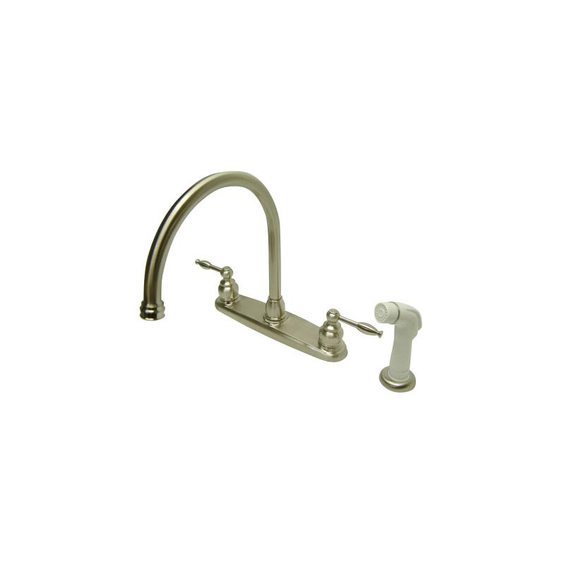 Kingston Brass Knight Two-Handle 4-Hole 8" Centerset Kitchen Faucet with Side Sprayer, Brushed Nickel