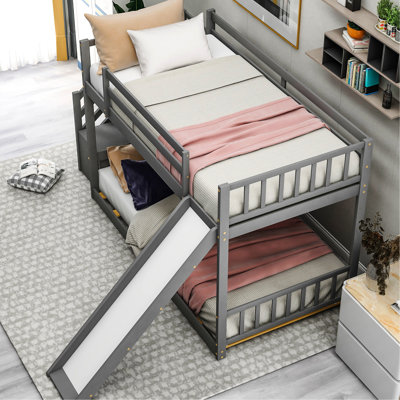 Twin Over Bunk Bed With Convertible Slide And Stairway In Gray - Space & Storage Pine Material, For Small Spaces