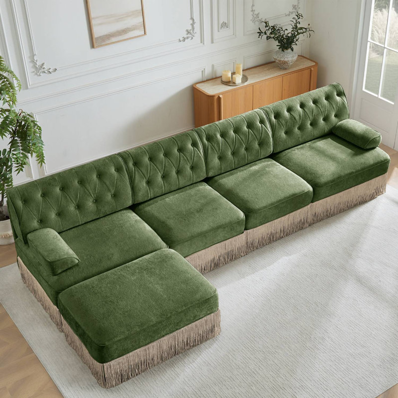 Canapé modulaire en L avec repose-pieds Chesterfield, Vert