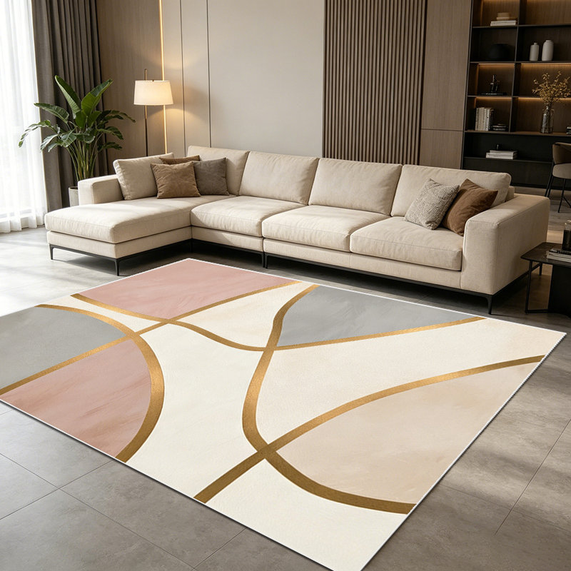 1PC Abstract Geometric Blush Pink Grey Gold Curved Line area rugs for Living Room, Soft and Comfortable, Suitable for all seasons, easy-to-maintain, machine washable Indoor floor mat, Under Table Farmhouse suitable for dining room, bedroom, entryway,
