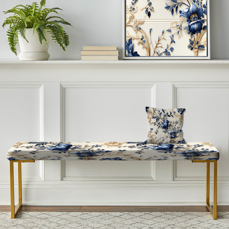 Motif ornemental bleu à motif victorien - Banc rembourré floral doré