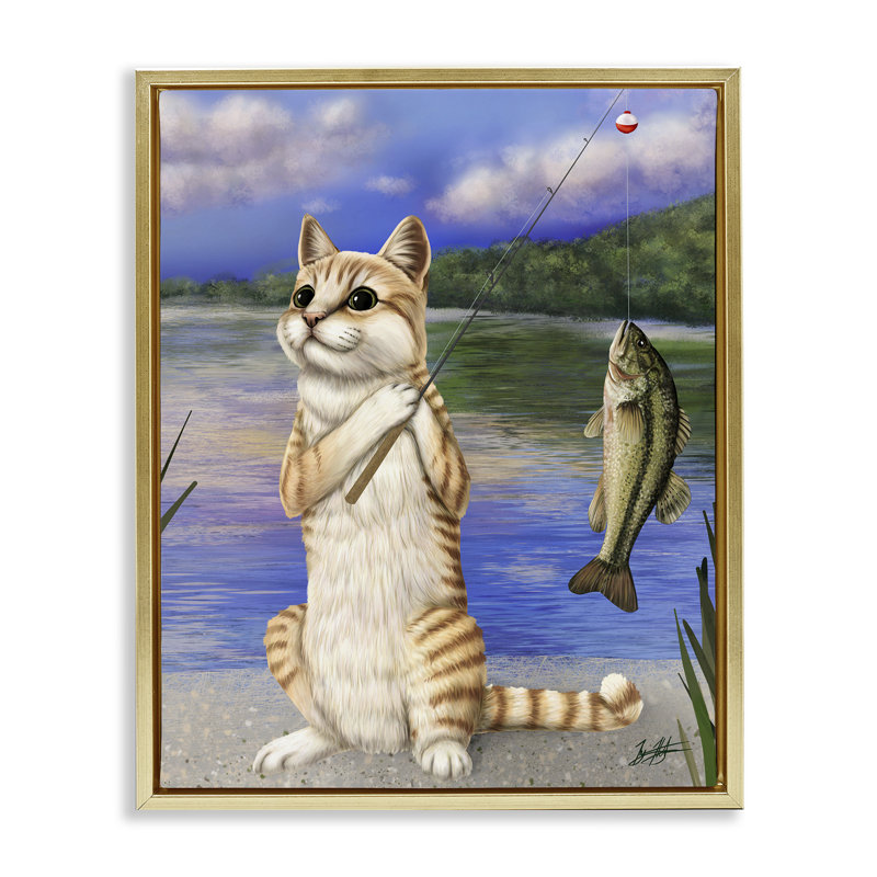 «Fishing Cat» par Lake, art mural sur toile flottant noir par Mehu Art, Cadre flottant métallique doré, H 31 po x l 25 po