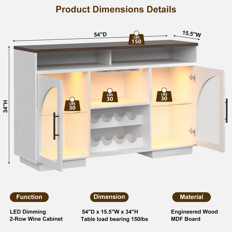 Buffet buffet, armoire de cuisine de 54 po avec lumières à DEL et portes en verre arquées, armoires de bar hautes avec tablettes réglables, support à vin et table de rangement pour la salle à manger