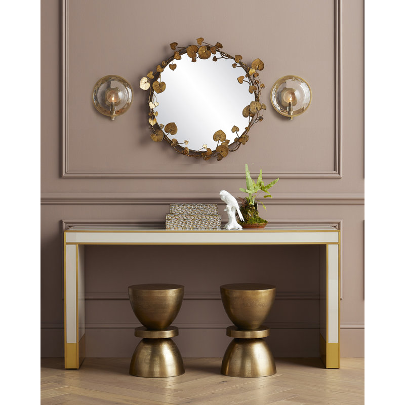 Ivory and Gold Glass Top Console Table with Brass Accents