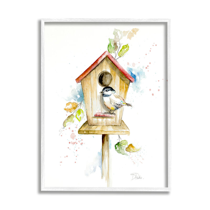 Printemps, jardin, maison d'oiseaux, arrière-cour, illustration de Robin Pinto, H 24 po x l 30 po, Cadre blanc
