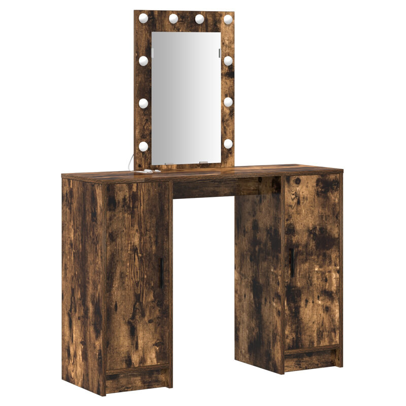 Dressing Table with Mirror and Storage Included, Smoked Oak