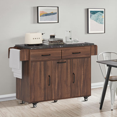 Modern Classic Storage Kitchen Island with 2 Drawers, 2 Cabinets, Racks and a Concealed Trash Can