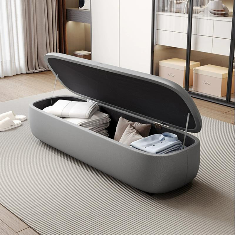 Long banc de rangement en cuir gris, 15.75"H x 70.87"L x 17.72"D, Gris