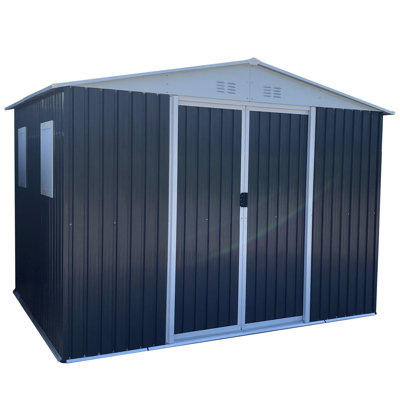 Grey 10ftx8ft Apex Roof Metal Garden Shed With Lockable Door & Windows - Aluminum Alloy Frame, Corrosion, And For Outdoor Storage Corrosion Roof, Door, Windows, Frame Use