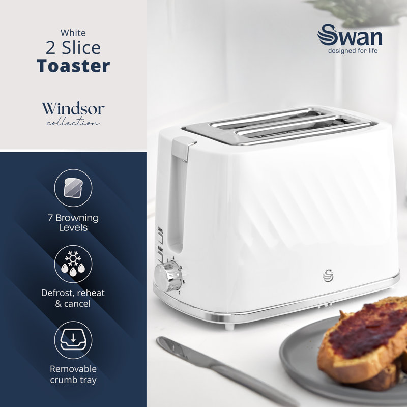 Swan  Windsor 2 Slice Toaster with 7 Browning Levels, Defrost/Reheat/Cancel Functions, Self-Centring Functions and Removable Crumb Tray, 900W