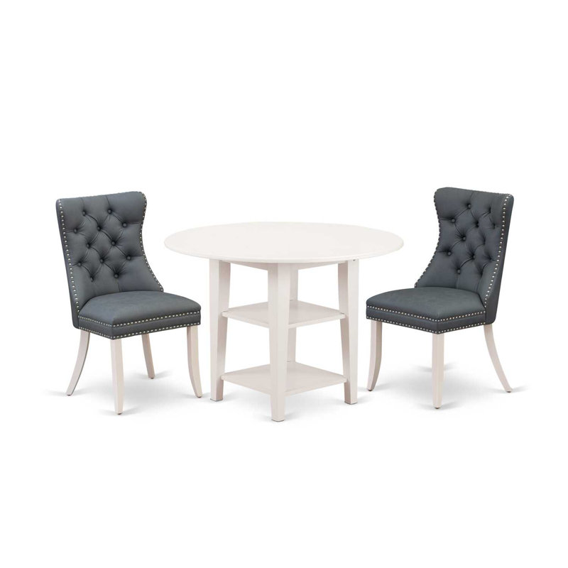 3-Piece Linen White Finish Round Solid Wood Top With Dropleaf Dining Table Set, Gray