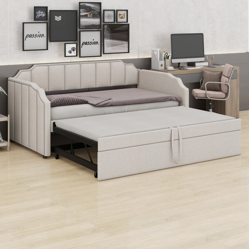 Stylish Upholstered Daybed with Pop-Up Trundle and USB Charging Function, Beige