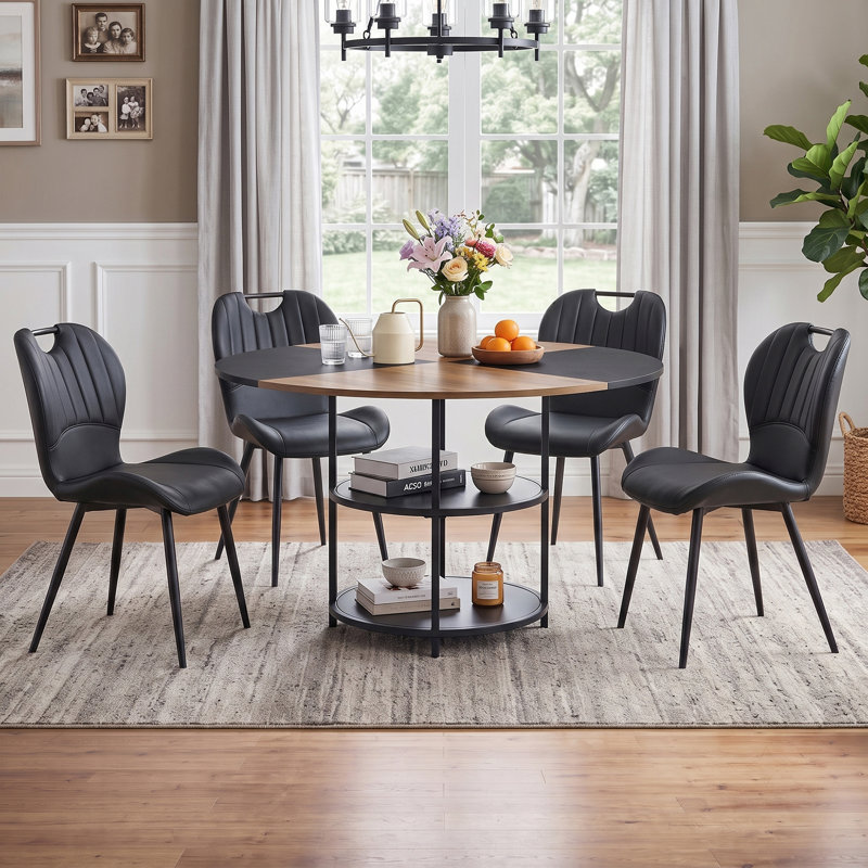 Ensemble de table de salle à manger 47,5 po avec rangement à deux niveaux et chaises en cuir PU, Black/Brown, Black