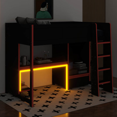 Lit mezzanine double en bois avec bureau intégré, garde-robe, DEL et tiroir