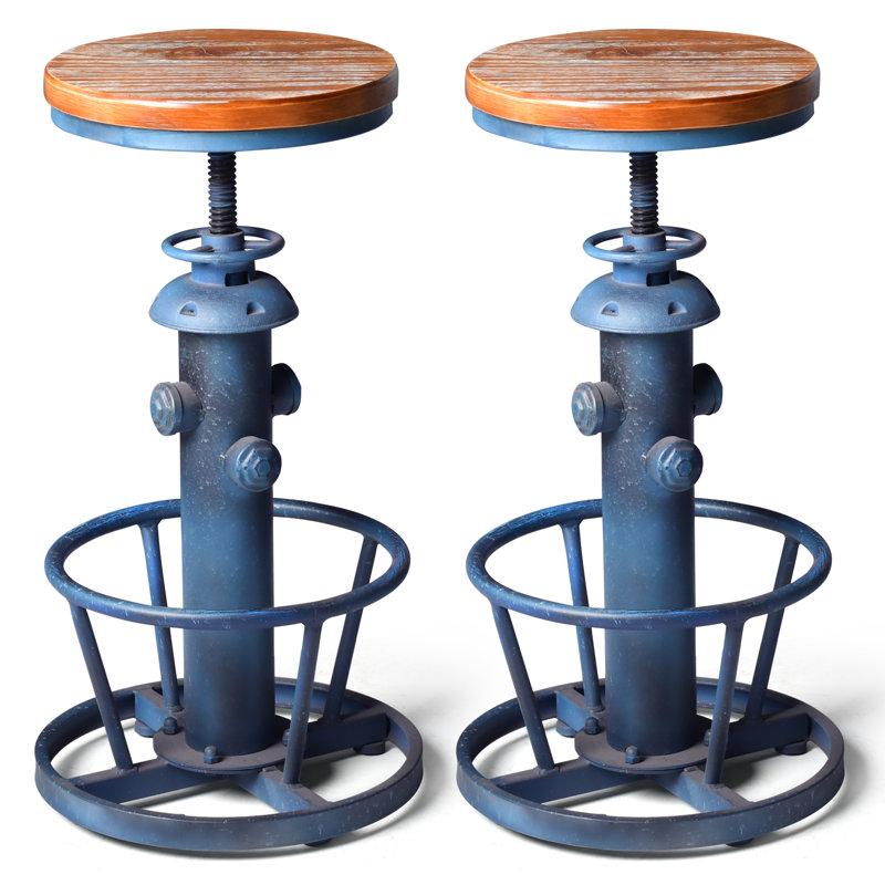 Antique Industrial Round Bottom Adjustable Height Cafe Retro Hydrant Stylish Water Pipe Design Pub Kitchen Bar Stool, Blue, 2
