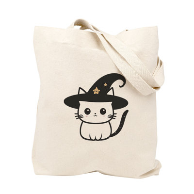 Sac personnalisé de bonbons ou de bonbons d'Halloween, sac en lin épais en coton, joli chat sorcier avec nom, sac de bonbons réutilisable