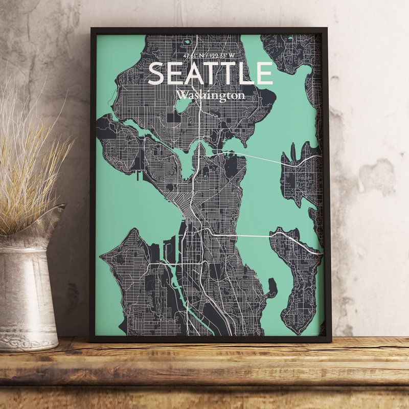 « seattle city map », reproduction d’impression sur affiche en rêve, H 36 po x l 24 po x P 0,05 po
