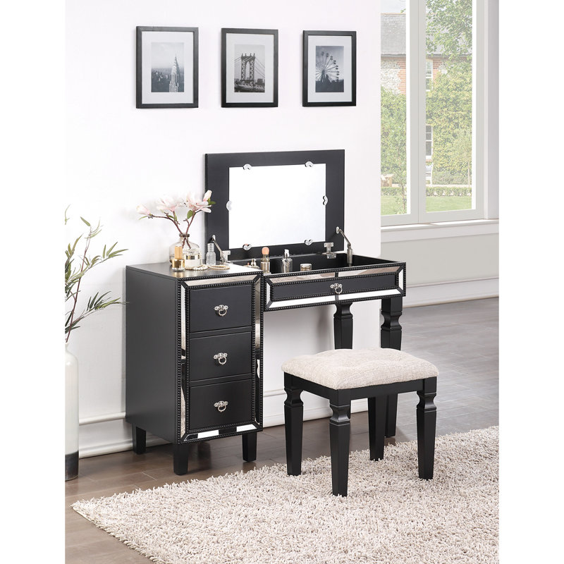 Black Vanity For Bedroom Furniture - Stool With Cozy Seat And Bin Color Comfy Drawers, Black