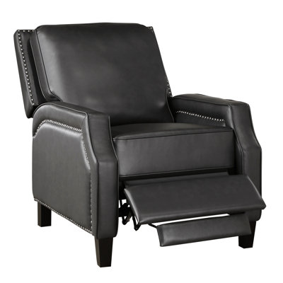 Solid Wood Reclining Chair With Gray Upholstery, Nailhead Trim Grey Seat For Living Room, Transitional Design, Pocket Coil Foam