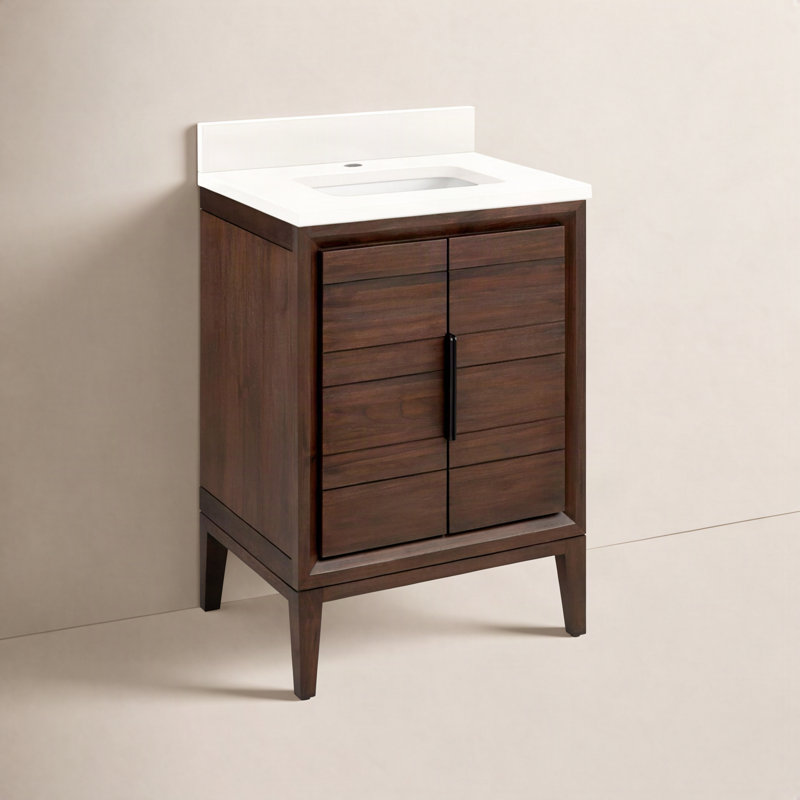 Ensemble de meuble-lavabo simple 24 po avec lavabo rectangulaire encastrable Aliso, Quartz blanc arctique, Café