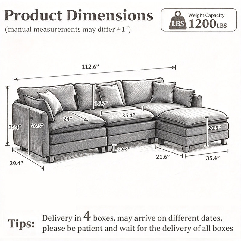 112" L-Shaped Modular Sectional Sofa with USB Charging Port and Movable Ottoman, Chenille verte