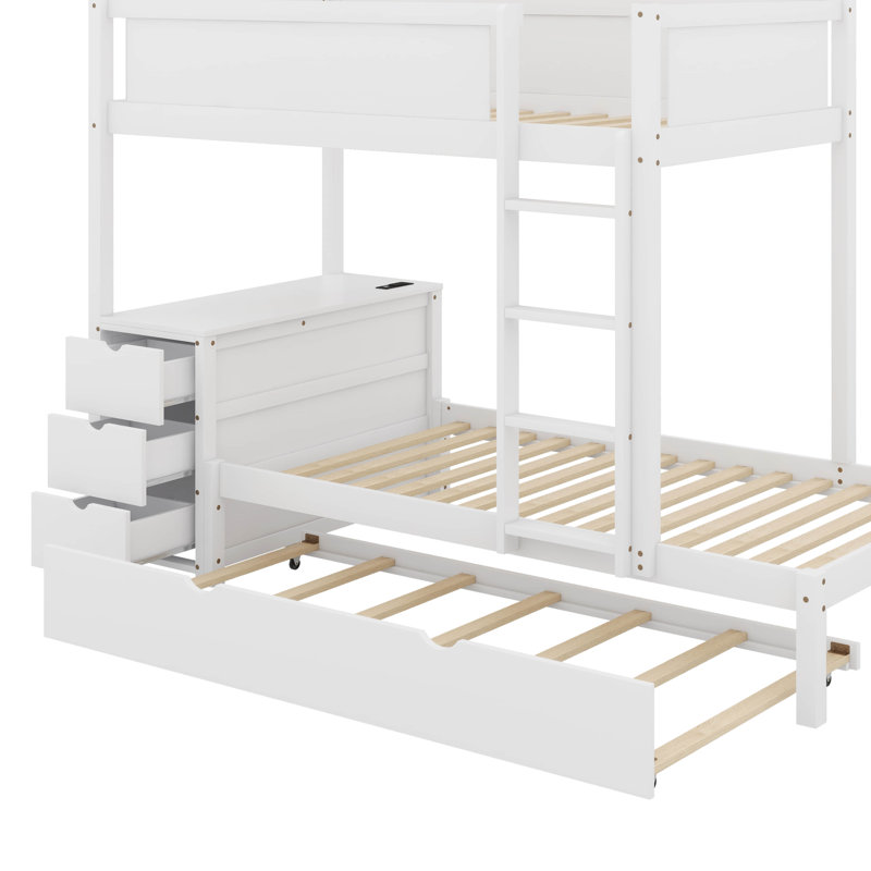 Twin Over Twin Bunk Bed With Trundle And Desk, White