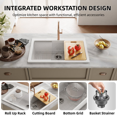 White Drop-In Kitchen Sink Fireclay Workstation Deep Single Bowl with Faucet Hole, Bottom Grid & Strainer