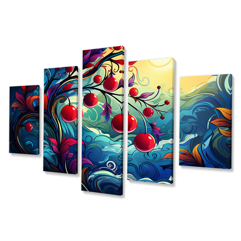 Cerisier rouge et bleu au coucher du soleil - art mural multicolore cerise