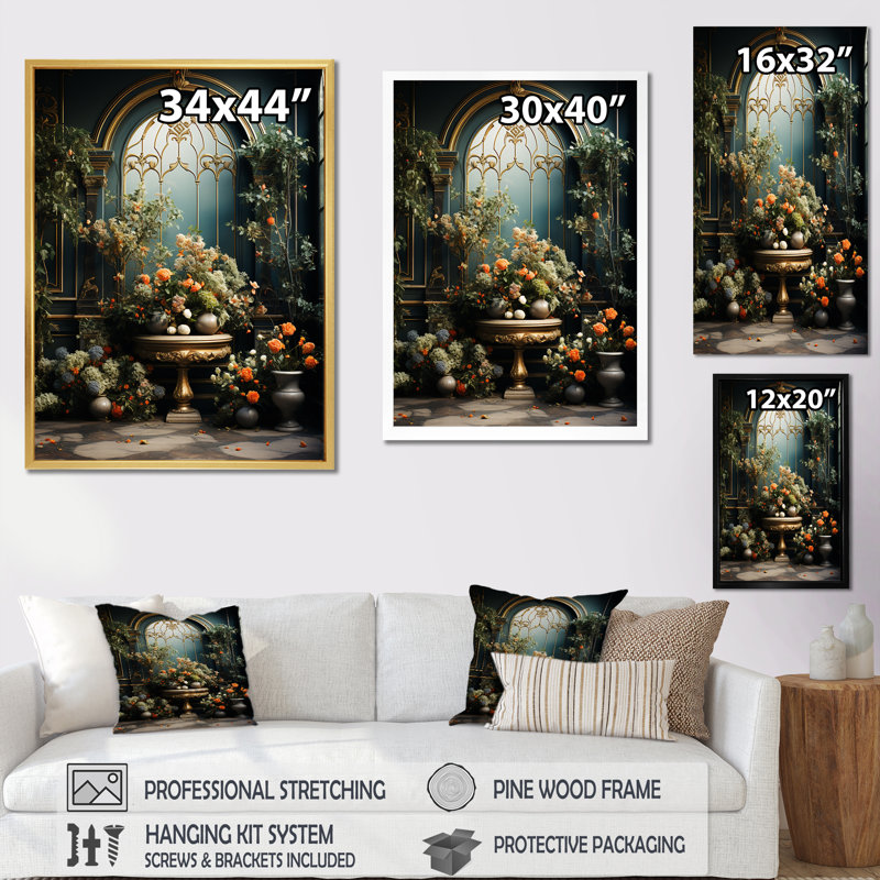 «Flower Foliage Adorned Gardens», reproduction d'art sur toile, Cadre naturel flottant, H 40 po x l 30 po x P 1,5 po