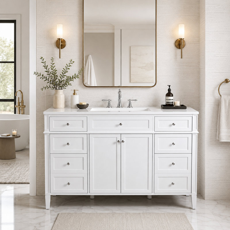 Meuble-lavabo de salle de bain de 122 cm avec lavabo, meuble-lavabo blanc autoportant avec 6 tiroirs et 2 portes, ensemble de vanité moderne en MDF