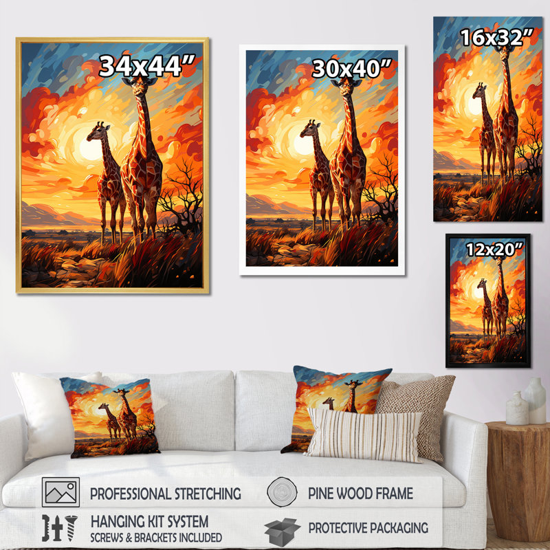 Girafe, horizon africain sur toile, Cadre flottant doré, H 44 po x l 34 po