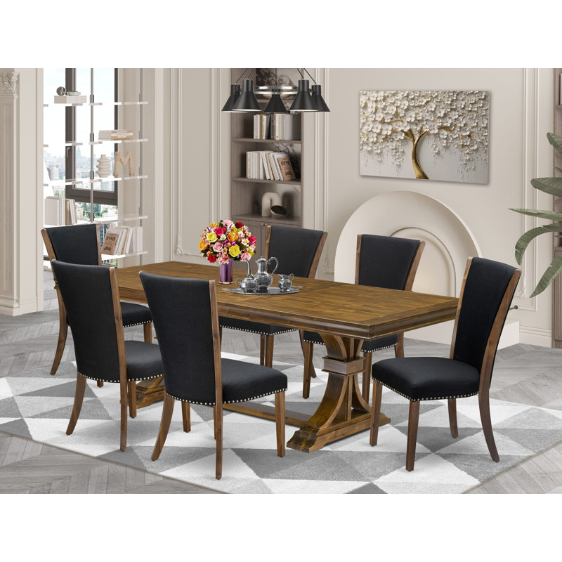 Ensemble de table de salle à manger 7 pièces moderne comprenant une table de cuisine et 6 chaises de salle à manger en tissu de lin noir avec dossier capitonné - Finition noyer antique