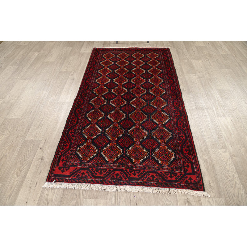 Tapis rouge en laine noué à la main de conception unique 3 pi 4 po x 6 pi 4 po Cem