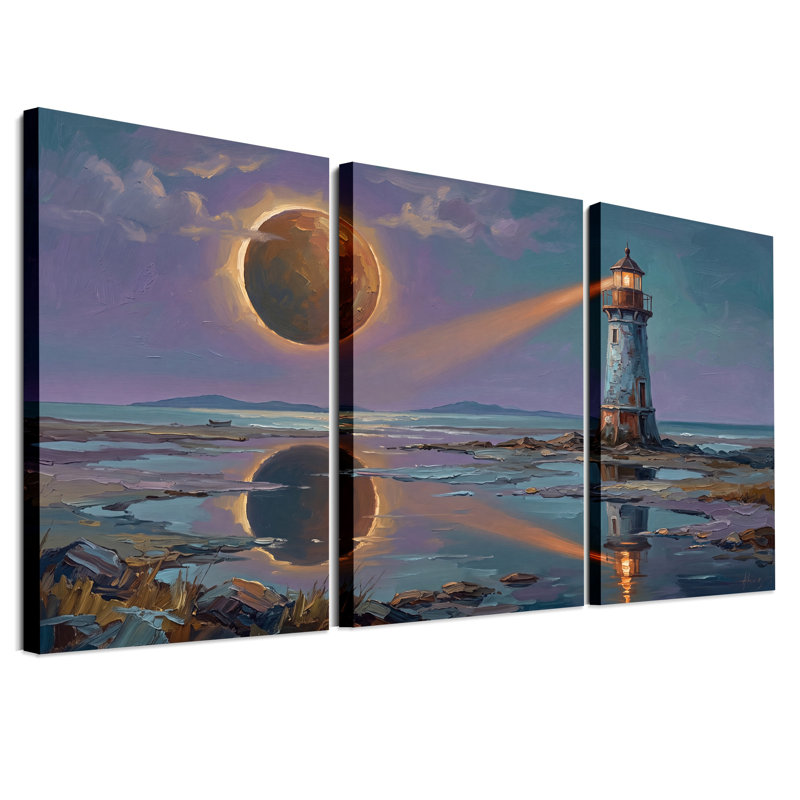 Art mural sur toile, "Phare et lune brillante", H 36 po x l 24 po x 3 pièces