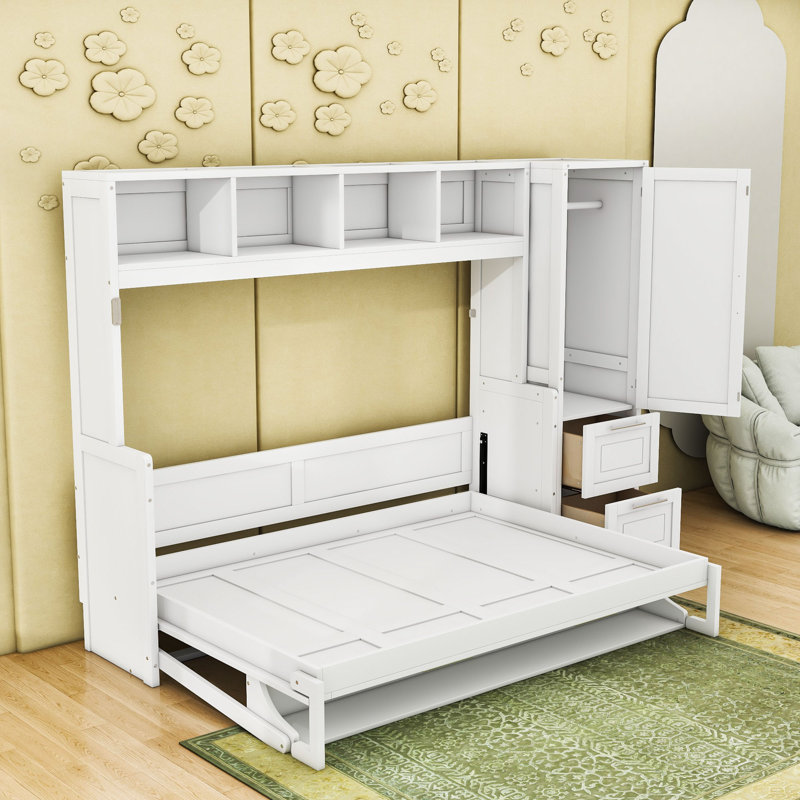 Lit escamotable double avec tiroirs et tablettes de rangement, Blanc