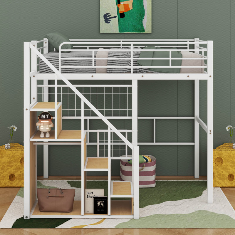 Lit mezzanine simple en métal avec escalier de rangement et garde-robe, Blanc