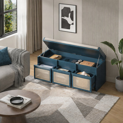 Banc pour chaussures rétro avec tiroirs en rotin, banc de rangement rembourré avec compartiment caché et coussin capitonné pour l'entrée, le couloir et le salon
