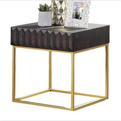 Contemporary Style End Table Metal Structure Conceal Drawers Gold Steel legs Walnut And Gold Finish Ball Bearing Glides Texture Panel Coffee Table-Not Included