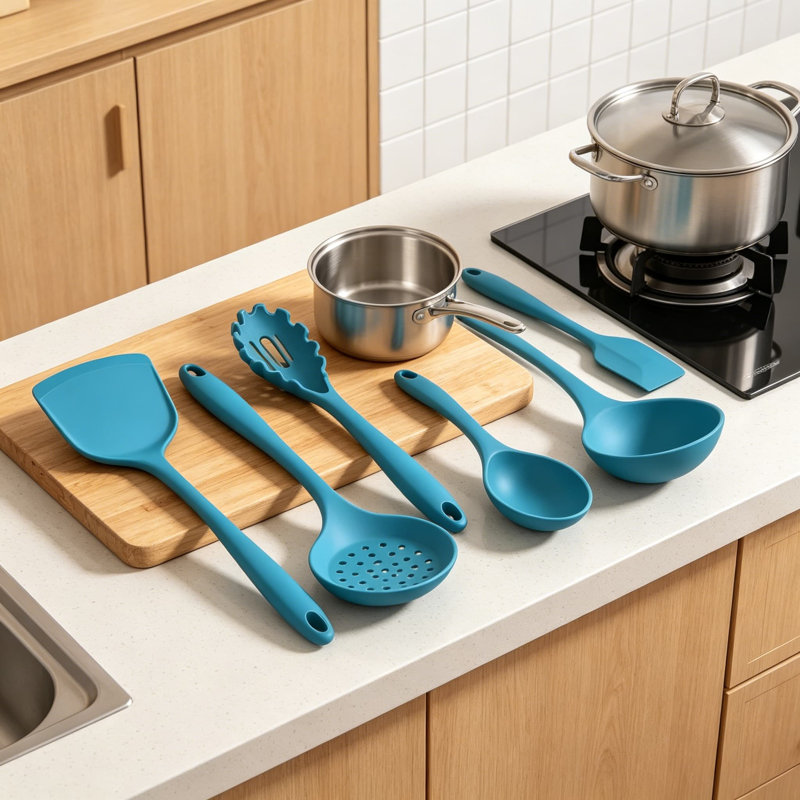 Ensemble de 6 ustensiles de cuisine en silicone, ustensiles de cuisine bleu marine pour batterie de cuisine antiadhésive, silicone de qualité alimentaire, va au lave-vaisselle, ensemble de gadgets de cuisine résistants à la chaleur